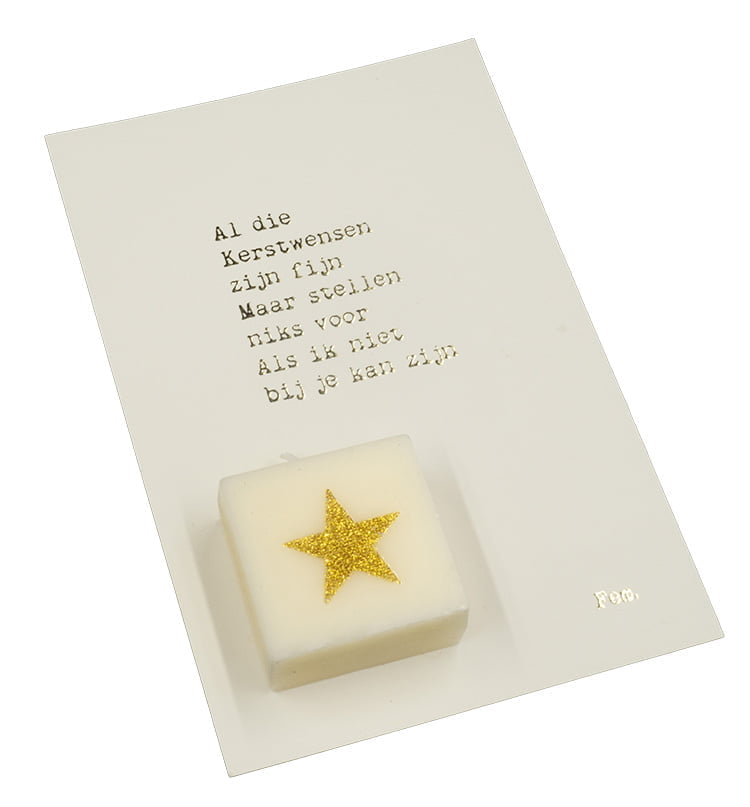 Kerstkaart met gouden tekst en kadootje